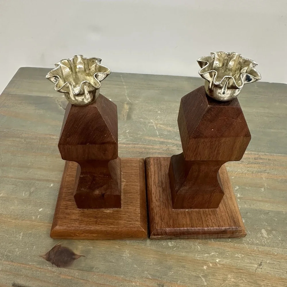Vintage Mid Century Wood Candle Holders Pair Geometric Carved Taper Candlesticks